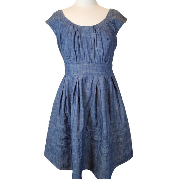 eShakti Blue Chambray Fit and Flare Dress XL Extra Large Cap Sleeve - Picture 1 of 7
